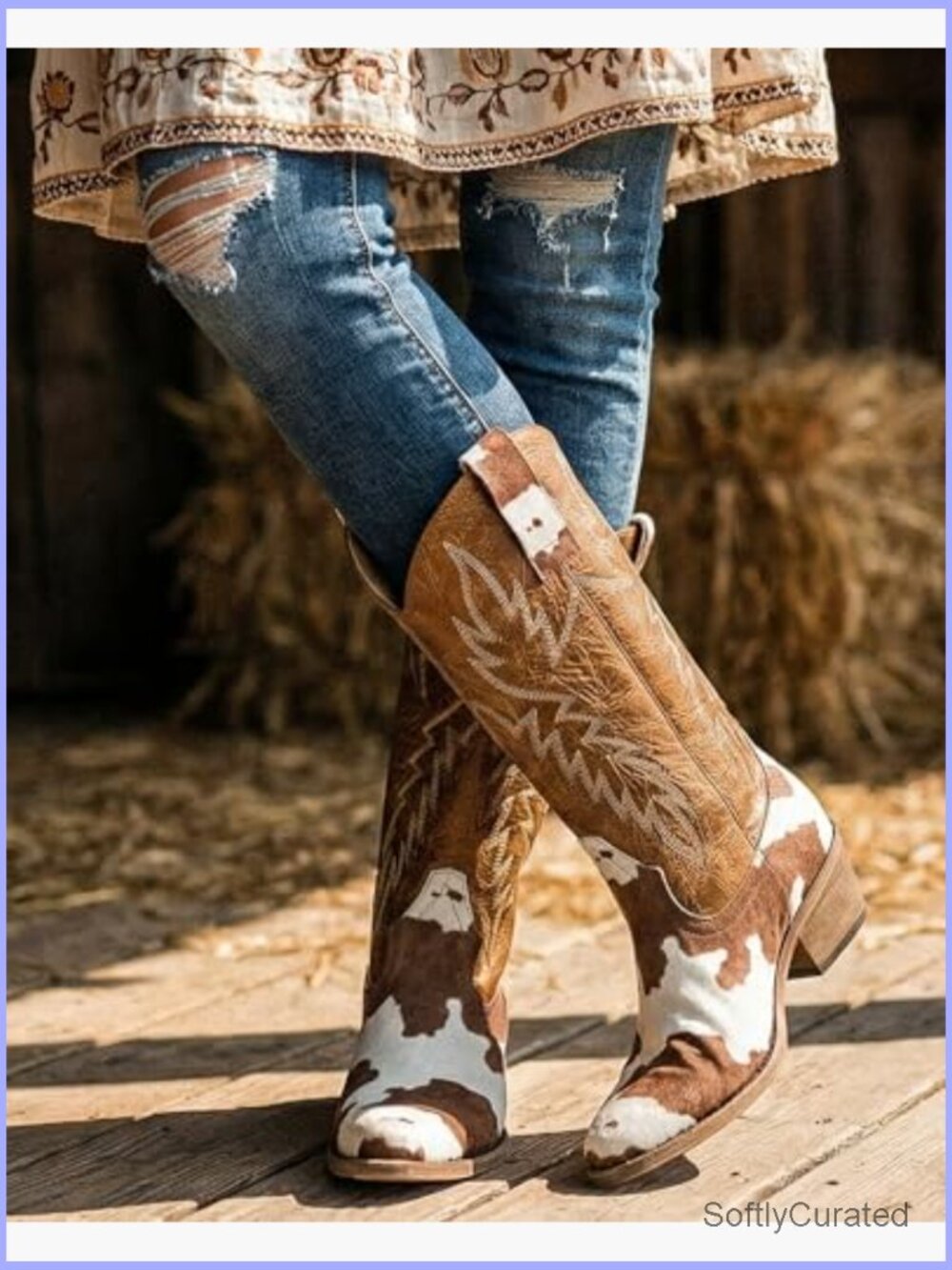 Cow Print Cowboy Boots Knee-High Western Cowgirl Pointed Toe Low Heel - Picture 2 of 6
